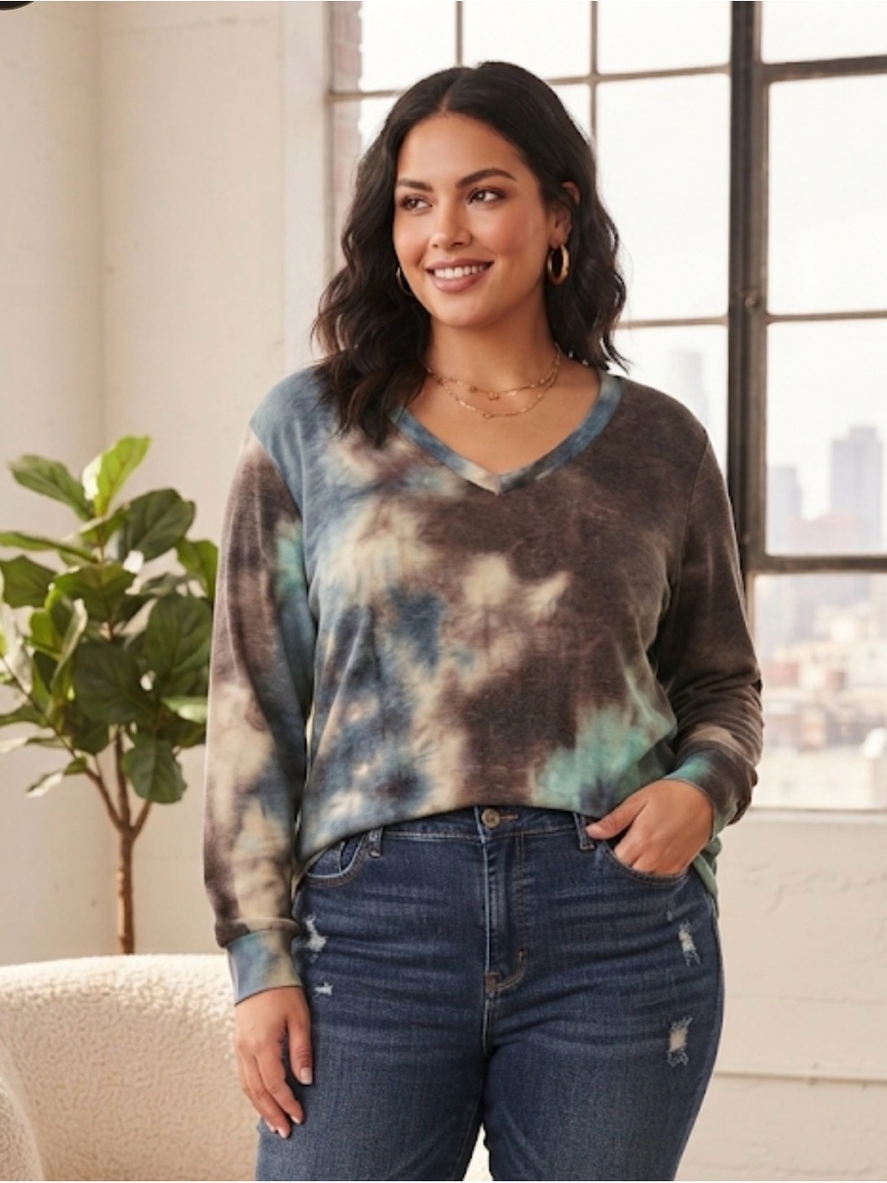Tie-Dye V-Neck Long Sleeve Top - Blue & Brown
